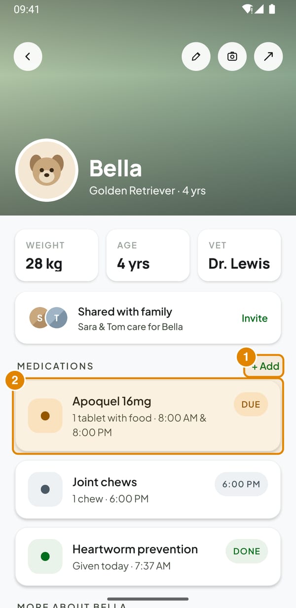Pet profile: Add a medication